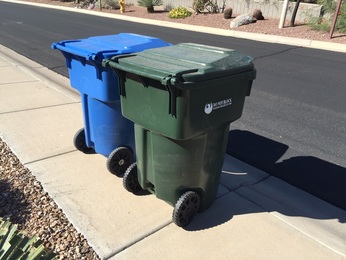 Two bins touching each other, partly on the sidewalk